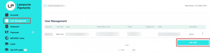 добавить юзера в Lamanche Payments
