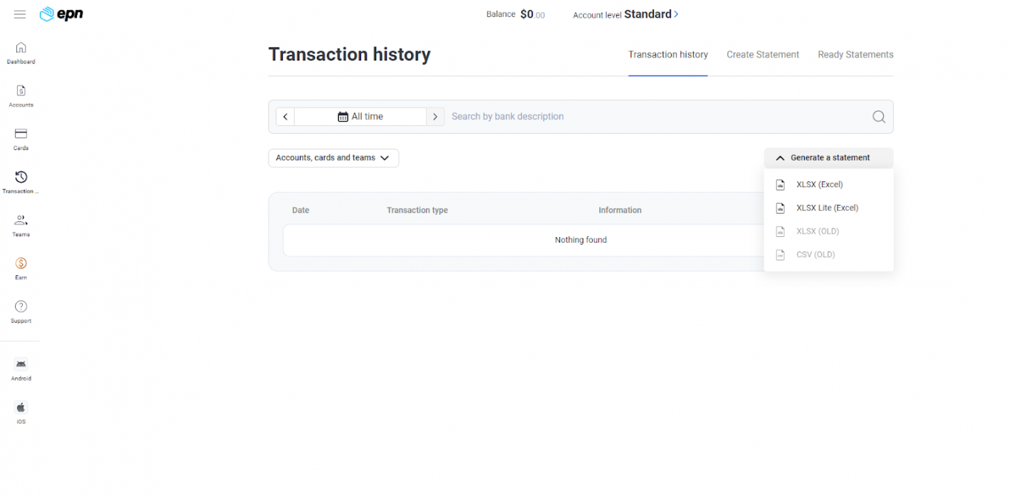 раздел «Transaction history»