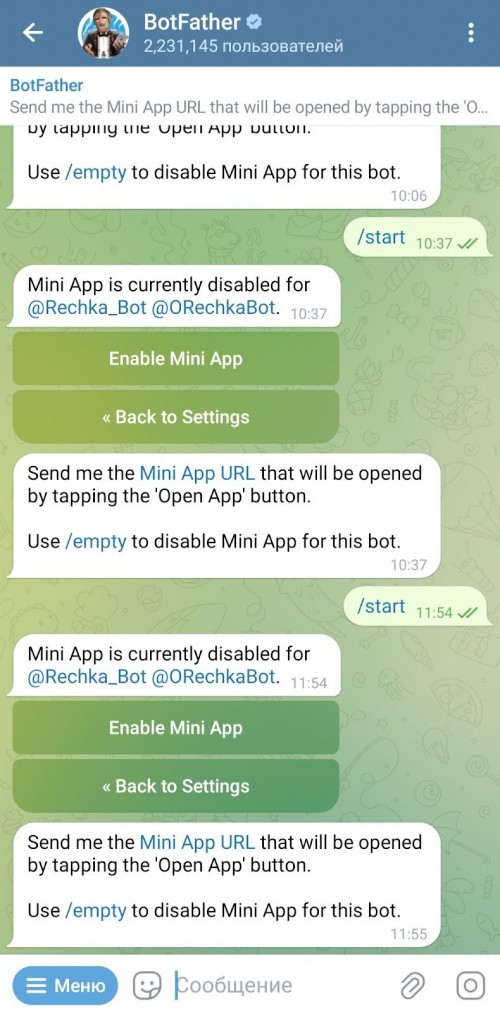 Включаем мини-приложение в настройках бота