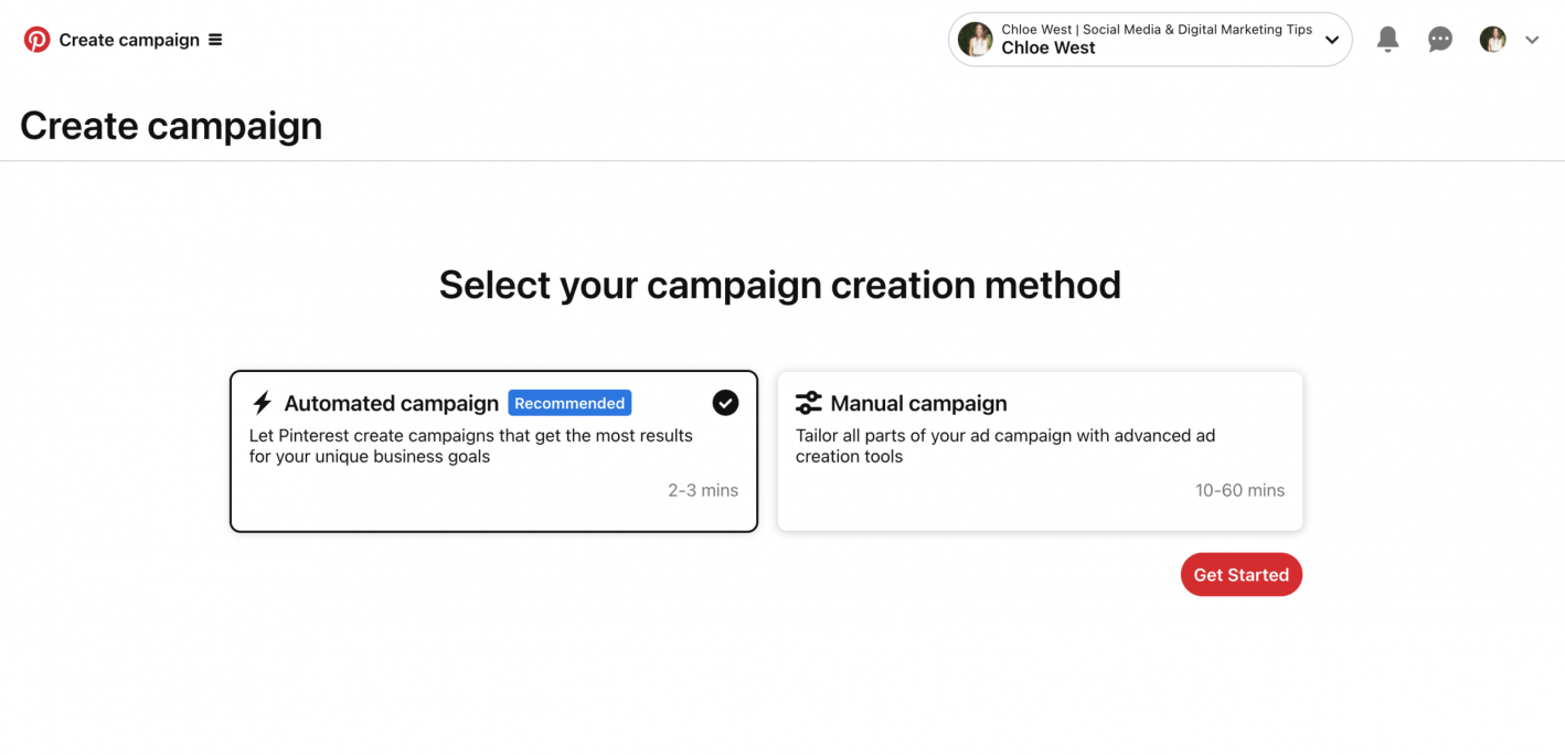 Выберите способ создания кампании: автоматический или ручной вариант.